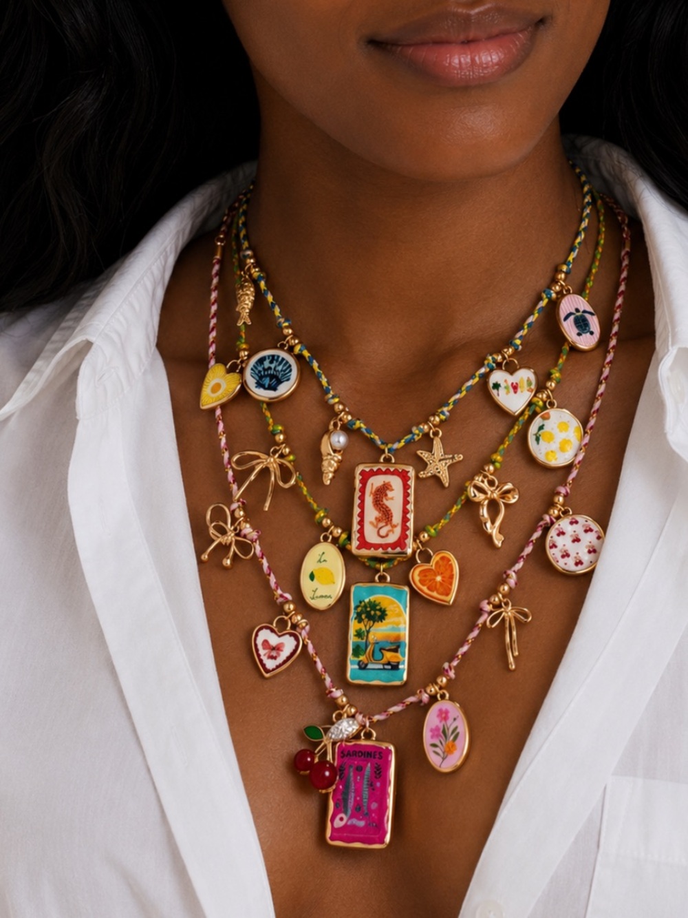 New! Coastal Colorful Sardines Vespa Charm Necklace Stack Set NWOT 5065